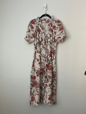 Pilcro Anthropologie Cream Midi Dress with Ruffle Trim Red Floral Print Size 4